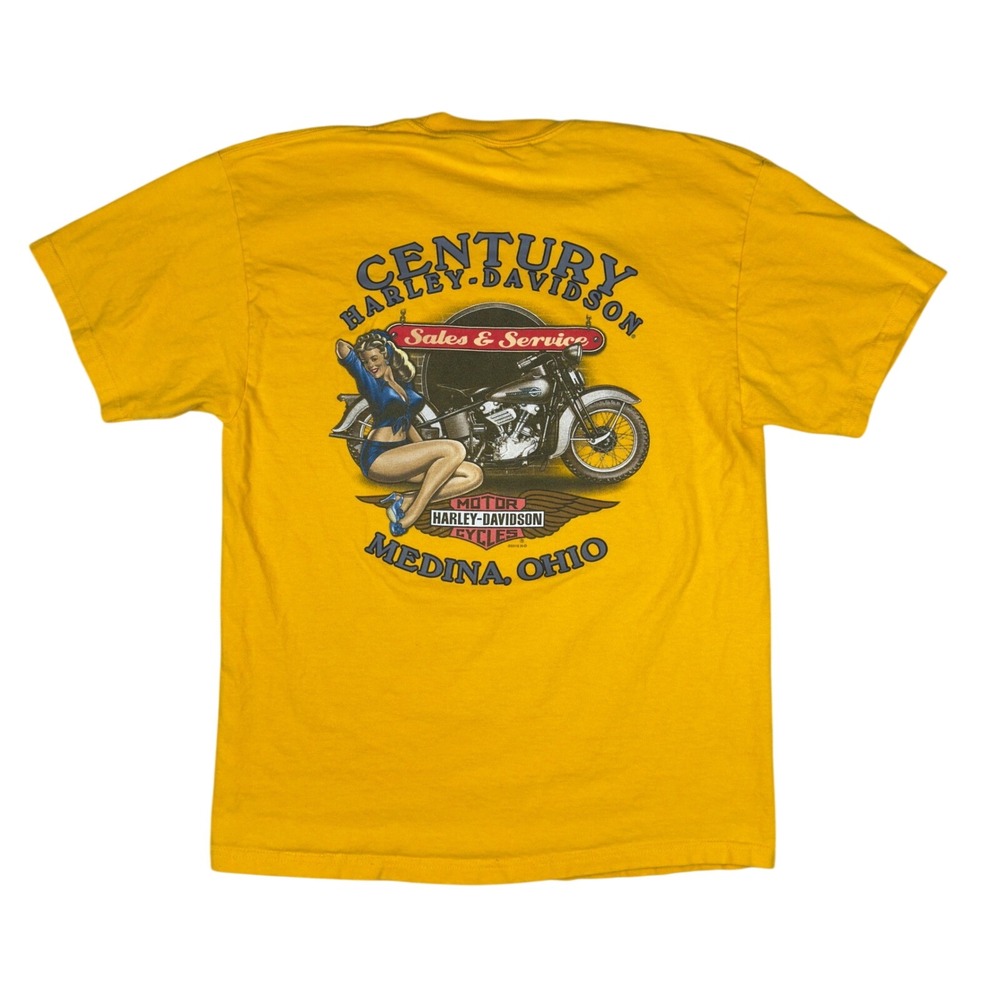 Harley Davidson Pinup T-Shirt Men's L Yellow Medina Ohio RK Stratman Graphic Tee